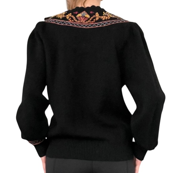 Herman Geist Sm Black Floral Hand Embroidered Wool Cardigan, Sweater Cottagecore - Picture 5 of 16
